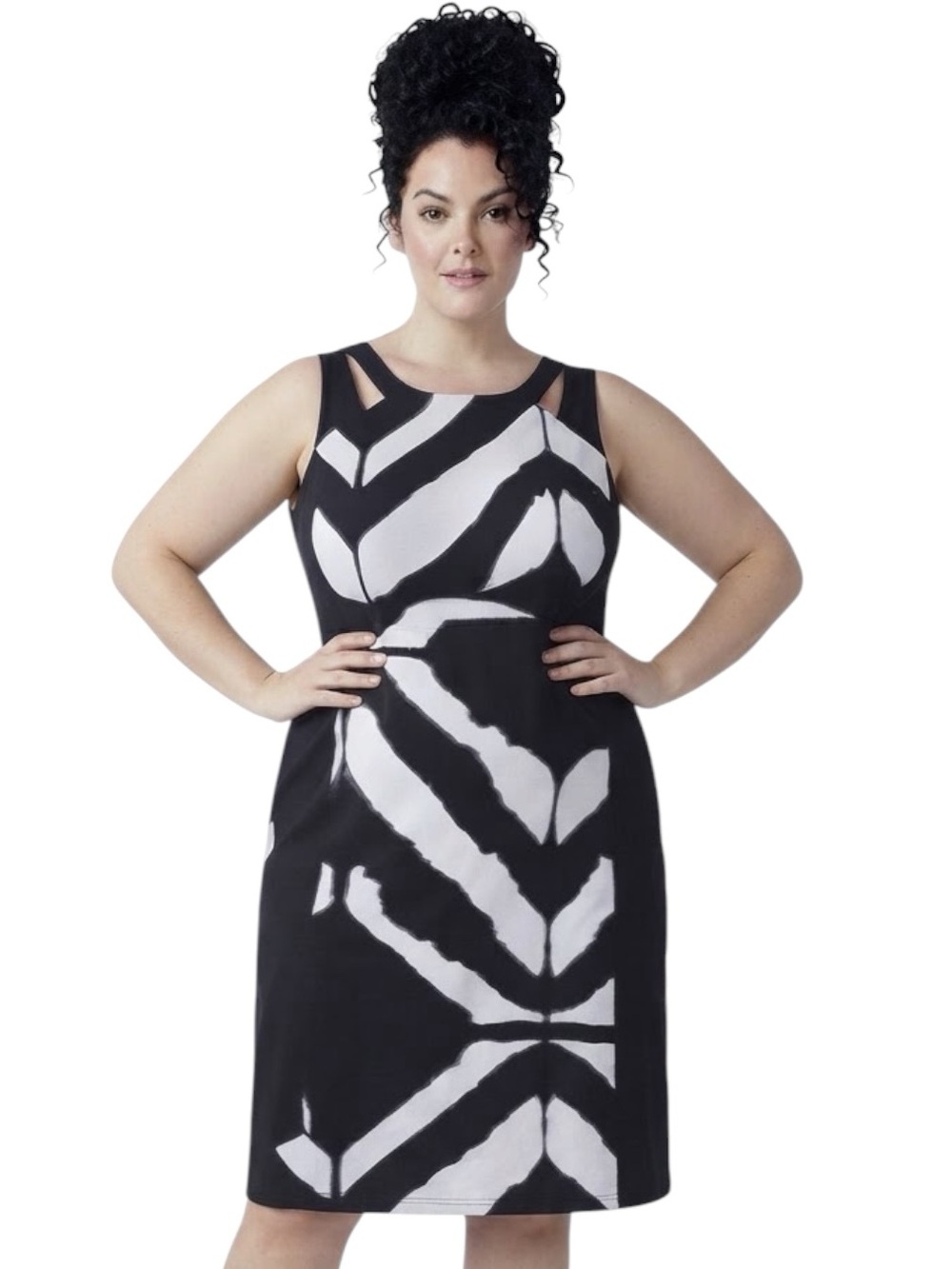 Addition Elle 1X Black Sleeveless Midi Dress with White Geometric Design